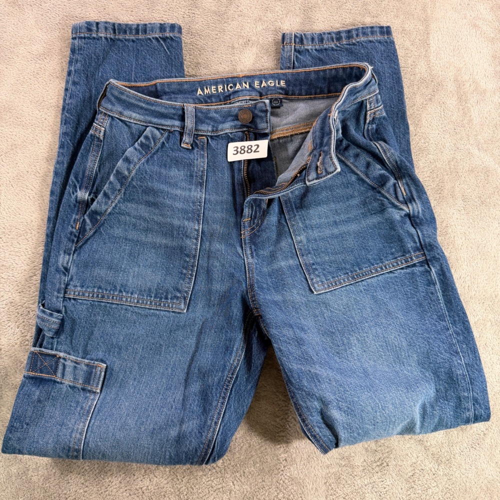 American Eagle Mom Jeans Women 2 Blue Carpenter Utility Patch Pocket 4431